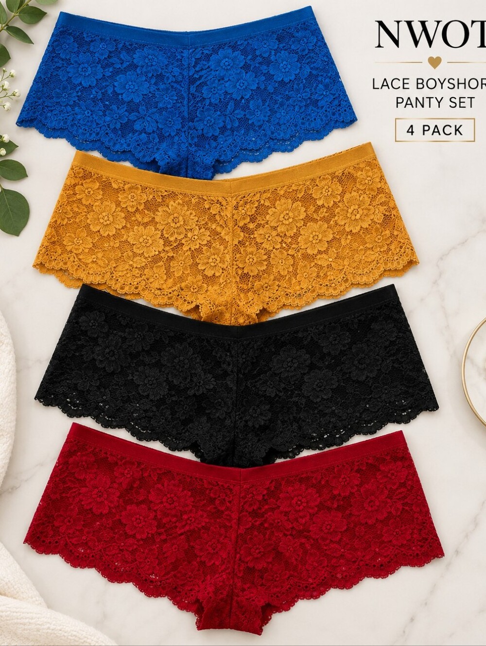 NWOT Vision Intimates Lace Boyshort Panties 4 Pack Large Multicolor Lace